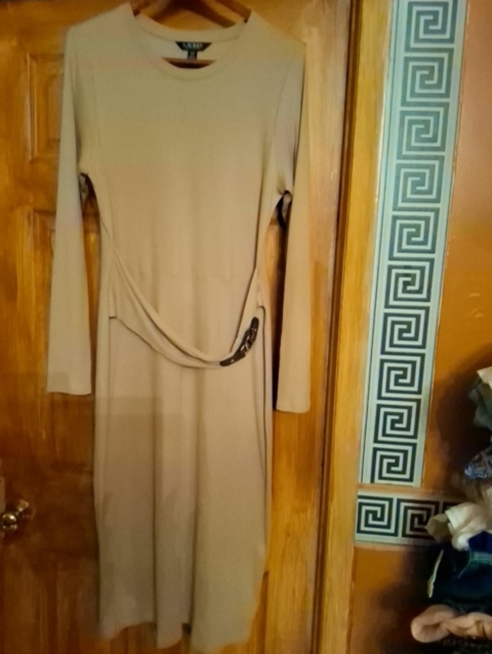Lauren Ralph Lauren Beige Long Sleeve Midi Dress with Side Drape